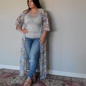 DANDELION Waist Shirring Maxi Chiffon Cardigan Duster